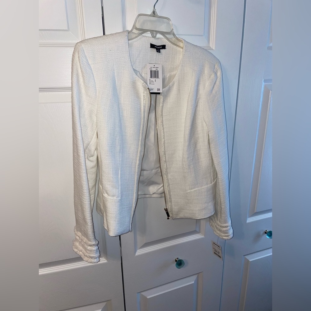 Premise brand white tweed gold zipper detail blazer. Size 8